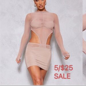Pretty Little Thing Mesh Cut Out Ruched Long Sleeve Bodycon Dress 5/25 SALE